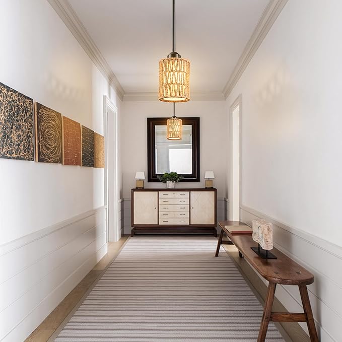 Pendant Lights for Kitchen Island, 3-in-1 Upgrade Larger Rattan Hanging Light Shade with Linen Shade, Adjustable Height Boho Hanging Lamp Fixture for Dining Room, Farmhouse, Bedroom (2 Pack)