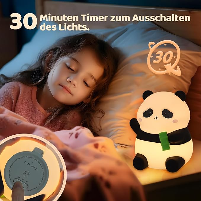 Panda Night Light, 50-Hour Battery & Pat-to-Change Brightness, Squishy Silicone Lamp for Girls Kids Bedroom, USB Rechargeable with Timer, Easter Gifts for Kids