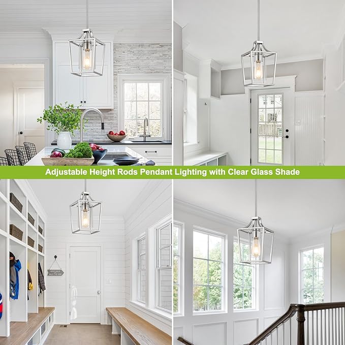 Brushed Nickel Lantern Pendant Light Fixture Pendant Lights for Kitchen Island with Clear Glass Shade, Adjustable Height Rods Pendant Lighting for Dining Room Kitchen Foyer Hallway
