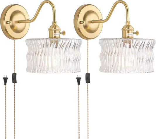 Plug in Wall Sconce Set of 2, Gold Vintage Wall Decor Lights with Clear Ripple Glass Shade, Indoor Brass Corded Wall Lamp Fixture for Bedroom Living Room Bathroom Hallway