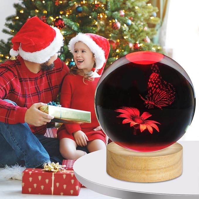 3D Butterfly Crystal Ball Night Light, Upgraded 3.15 Inch Glass Ball Lamp with 16 Color LED Wooden Base, Butterfly Lamp Bedroom Decor Birthday Christmas Butterfly Gifts for Kids Friends