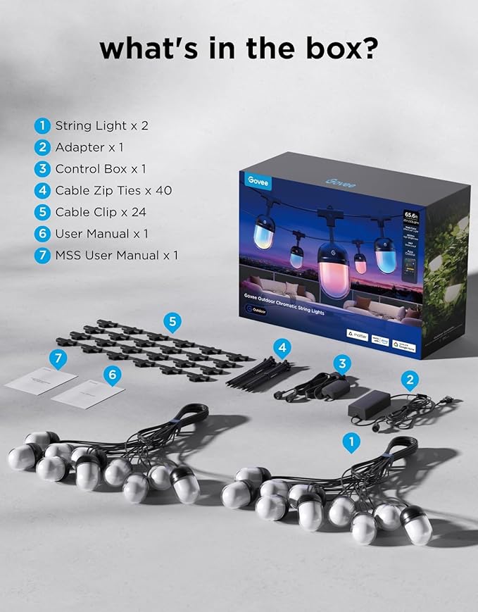 Govee Outdoor Chromatic String Lights, 65.6ft RGBIC Outdoor Lights with 55 Uni-IC Control LED Bulbs, 111+ Scene Modes, IP67 Waterproof, String lights compatible with Alexa, Google, Matter, App Control
