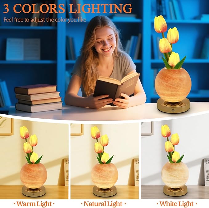 Tulip Table Lamp, Rechargeable Cordless Touch Dimming Artificial Tulip Flower Desk Lamp, LED Flower Bedside Night Light Romantic Gifts for Girl Women Mom (Orange)