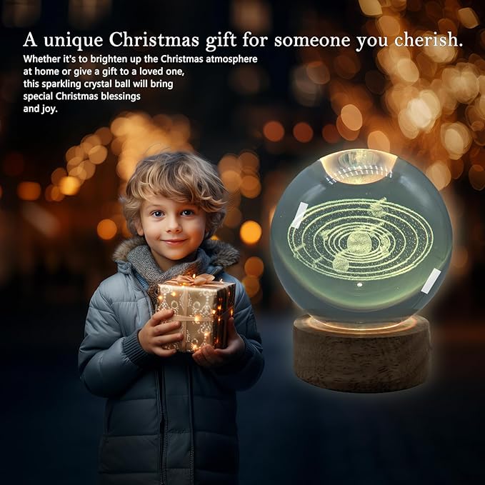 3D Crystal Ball 3.15" With LED Lamp, Colorful Wooden Base Night Light, Removable Glow Ball, Color Changing Light With Remote (4-SolarSystem)