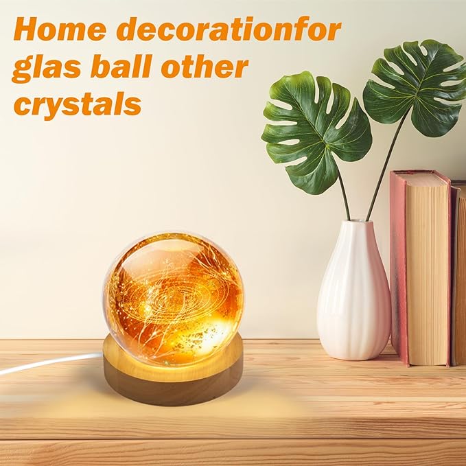 8 Pack Wooden LED Light Display Base with Switch, 3.9” Round Warm Light Stand for Crystal Glass Ball Figurine, USB Powered Lighted Holder for Resin Crafts, Art Decoration