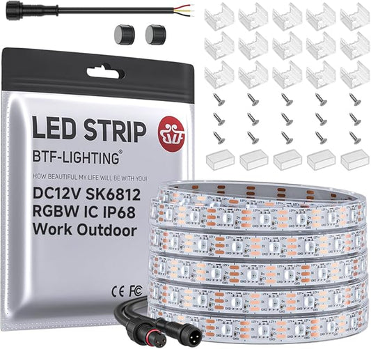BTF-LIGHTING SK6812(Similar WS2812B) RGBW RGB+Cool White(6000K) Individually Addressable DC12V 16.4FT 60LED/m 4 Colors in 1 Light Dream LED Strip IP68 White PCB(No Adapter or Controller)
