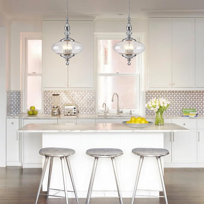 5 Light Chrome Chandelier Modern Glass Large Pendant Light H 27.5" x W 15.7" for Kitchen Island, Dining Room, Stairwells, Hallway. E12 Bulb