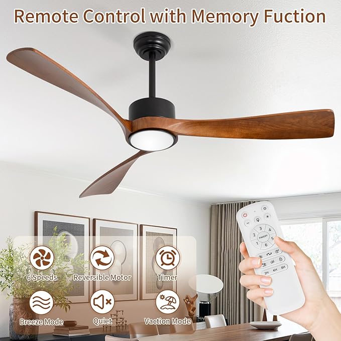 52inch Ceiling Fan with Lights,Wood Ceiling Fans with Remote Control,Dimmable Light,3 CCT,6 Speeds,Noiseless DC Motor,2 downrod,Ceiling Fan for Bedroom,Living Room,Office,Indoor,Dark Brown
