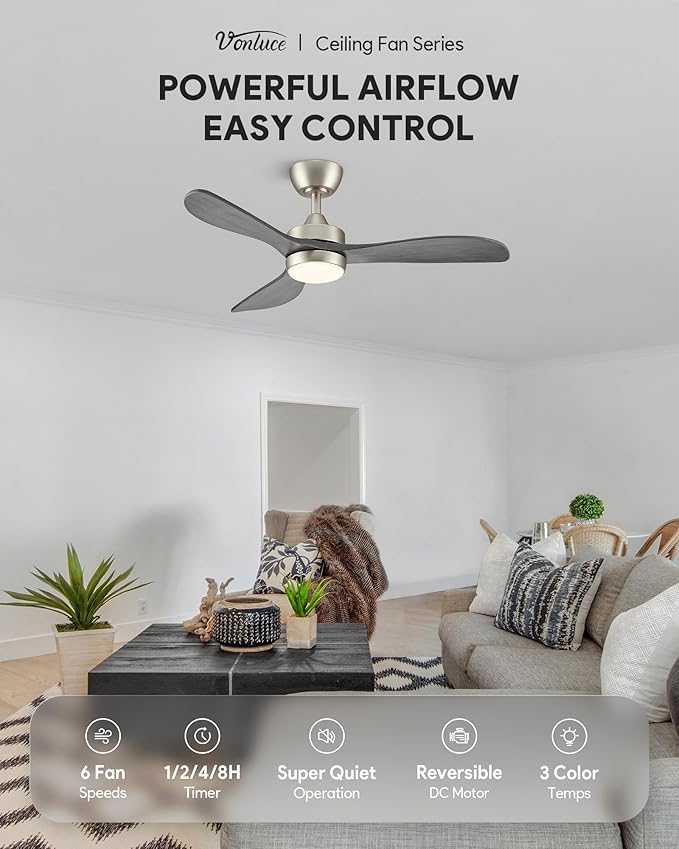 VONLUCE Ceiling Fans with Lights, 42 Inch Ceiling Fan and Remote, 6-Speeds Noiseless Reversible DC Motor, 3CCT, Wood Ceiling Fan for Outdoor Indoor Farmhouse Patios, Nickel