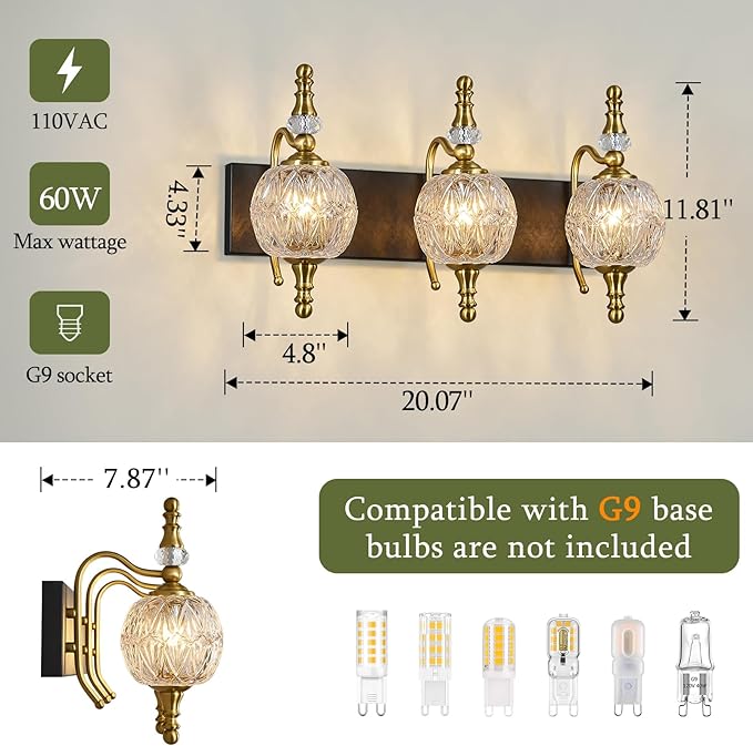 Modern Crystal Bathroom Vanity Lights Fixtures Over Mirror Black Gold Vintage 3-Lights 20 Inch Bathroom Light Fixtures Glass Crystal Vanity Lights