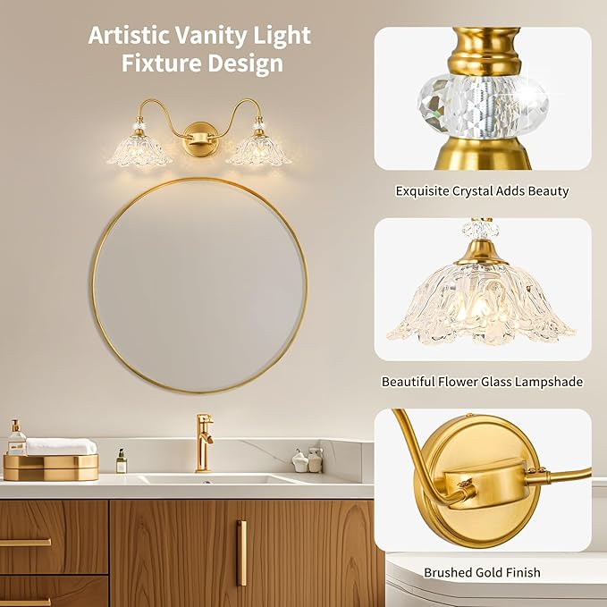 Gold Bathroom Vanity Light, 2-Light Brushed Gold Finish Vanity Light with Floral Clear Glass Shades, Retro Wall Mount Lighting for Bathroom, Dressing Table