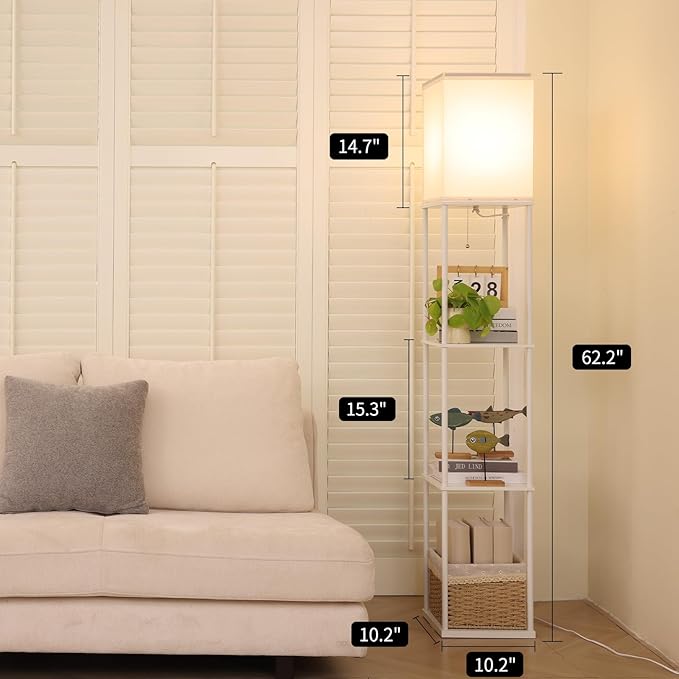 Floor Lamp with Shelves, with Modern Square Standing Lamp with Smart APP Control RGB Bulb, Corner Display Bookshelf Lamp for Living Room, Bedroom and Office (White-9RGB)