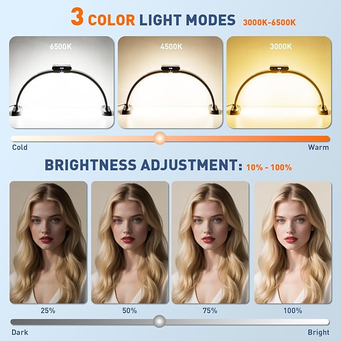 KIRKAS 24inch Large Half Moon Light for Nail Tech, 456 LEDs 3 Color Modes Infinitely Knob Arch Nail Light with Screen and Phone Holder Charging Function, Foldable Lighted Lamp for Manicure,Craft-Black