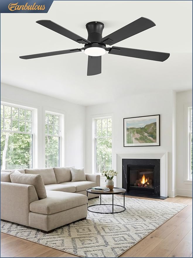Fanbulous 52 inch ceiling fan with light, Low Profile Ceiling Fan with Light, App&Remote Control, Dimmable LED Light, Flush Mount Ceiling Fan for Indoor Bedroom Living Room, Qiuet DC Motor, Black