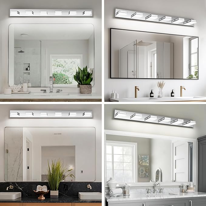 48-Inch 6-Light LED Modern Chrome Bathroom Vanity Light Fixtures Over Mirror, Bathroom Lighting Fixtures with Cool White 6000K, Rotatable Vanity Wall Lights for Bath Restroom Powder Room