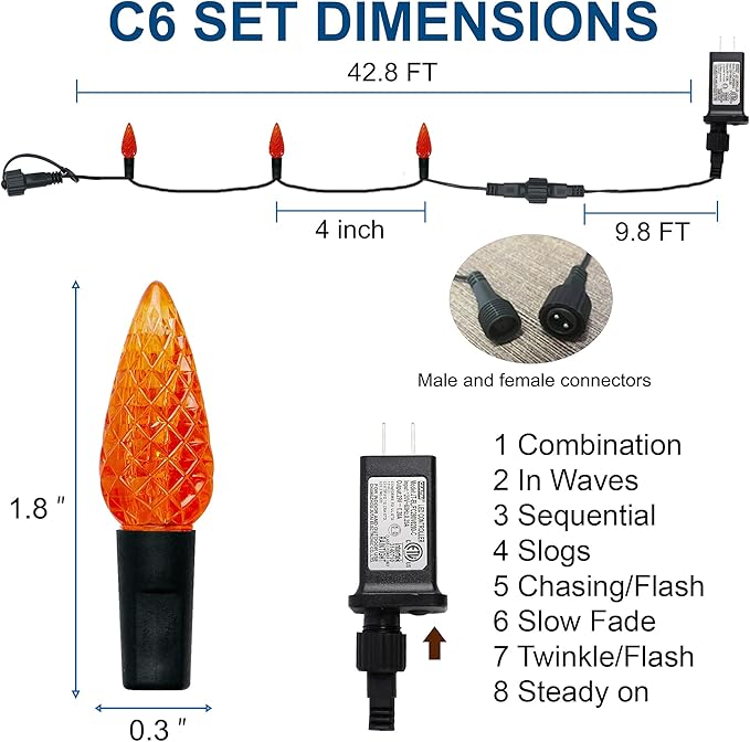 WATERGLIDE Halloween C6 String Lights, 33ft 100 LED Black Wire Fairy Lights with 29V Safe Adaptor, 8 Lighting Mode, Waterproof for Indoor Outdoor Patio Xmas Tree Party Decor, Orange