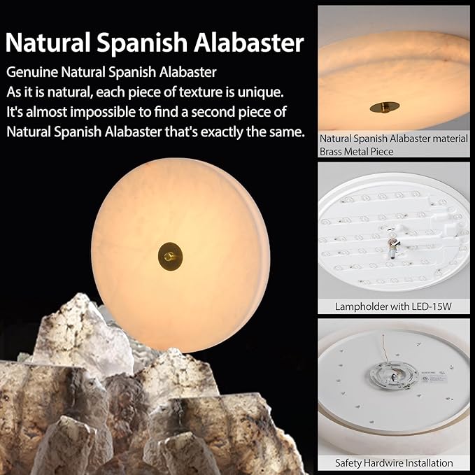 Alabaster Ceiling Light,11.8in Spanish Natural Marble Round Alabaster Flush Mount,Modern 2700K LED Kitchen Ceiling Lights Hardwired for Bedroom,Foyer,Bathroom,Entryway,Living Room