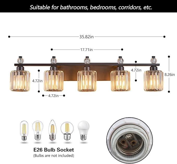 Bathroom Vanity Lights 5-Light Sand Black Modern Crystal Vanity Light Fixtures Over Mirror Crystal Bathroom Vanity Lighting Fixtures