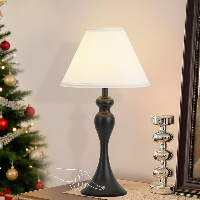 Rechargeable Cordless Table Lamps, Battery Operated Lamp with Fabric Shade for Decor, 3 Color Stepless Dimming LED Table Light, Nightstand Lamp for Nursery, Bedroom, Living Room, Home Office (Black)