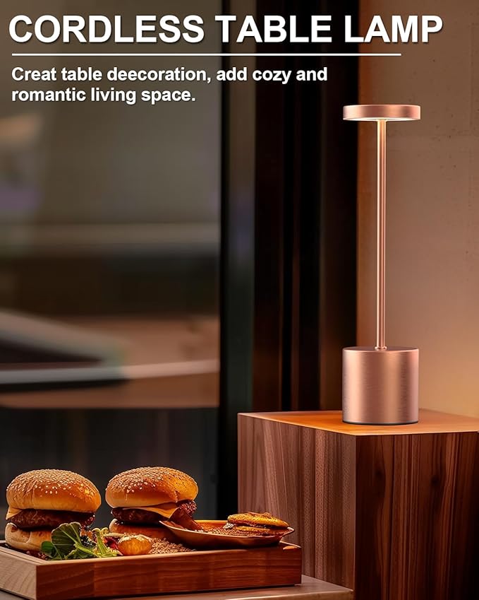 Cordless Table Lamps Rechargeable, Portable LED Desk Lamp, 5000mAh Battery Powered Wireless Table Light - 3 Color Dimmable Lighting for Restaurant Dining Patio Outdoor Bedroom(Rose Gold)