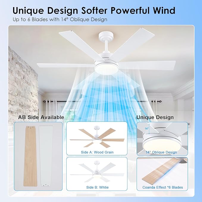 BayDay Farmhouse Rustic Ceiling Fans with Lights and Remote, Bedroom Living Room Kitchen Fans Ceiling with Light Chandier (White, 52 inch)
