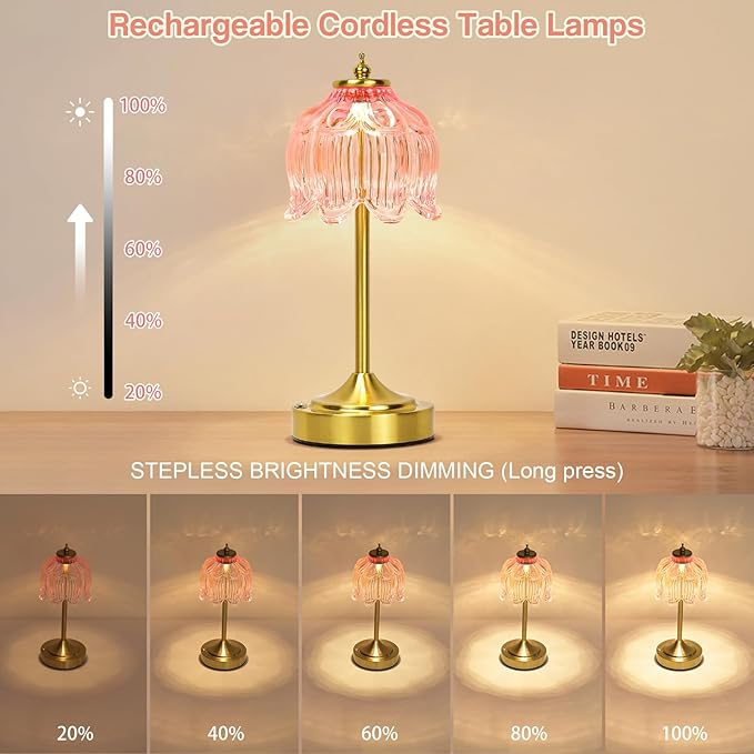 Cordless Lotus Flower Table Lamp, 5200mAh Rechargeable Battery Operated Portable Lamp, 3-Color Dimmable Touch Control Small Desk Lamp for Bedroom, Office, Kitchen, Nightstand,Room Decor (Flower Pink)