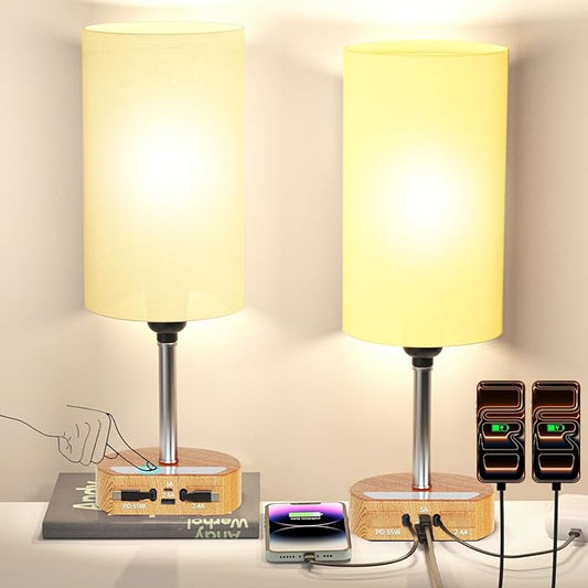 Bedside Table Lamps Set of 2, Desk Lamp with Charging Station 74W【2 * 3.94ft Retractable Cords & 2 USB Ports】, 3 Way Dimmable Touch Lamps for Nightstand, Dual Type C