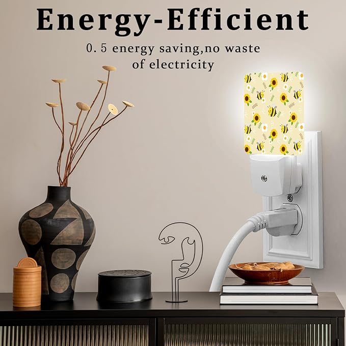 Cute Bee Sunflower Night Light, Plug-into Wall Nightlight Lamp with Dusk to Dawn Sensor, Led Lamp 0.5W Energy Efficient for Boys Girls Adults Home Decor
