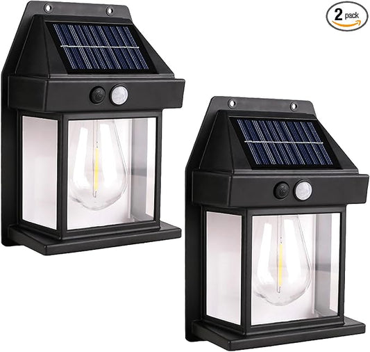 Solar Wall Lights Outdoor [2 Pack] Dusk to Dawn Solar Motion Lights Outdoor, Waterproof, 3 Lighting Modes, Wall Mount Light Sconces For Outside Patio Fence Yard Garage (BLACK-1 BULB, 2 PACK STANDARD)