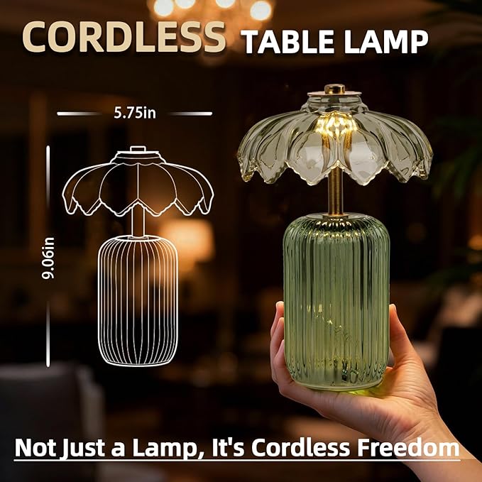 MJ PREMIER Cordless Lamp, Battery Operated Lamp with Timer, Crystal Glass Flower Lampshade, Small Table Lamps, Decorative Led Light for Bedroom Living Room Shelf (S-Green)