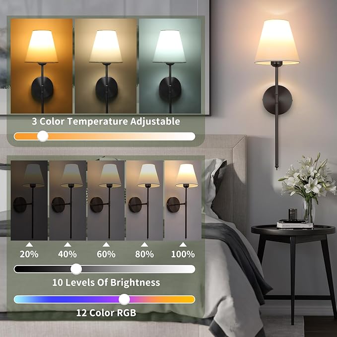 Battery Operated Wall Sconce Set of 2,15 Colors Wireless Wall Light With Dimmable Remote Control Last 18-50 Hours,Black Rechargeable Wall Lamp With White Fabric Shade For Living Room Bedroom Hallway