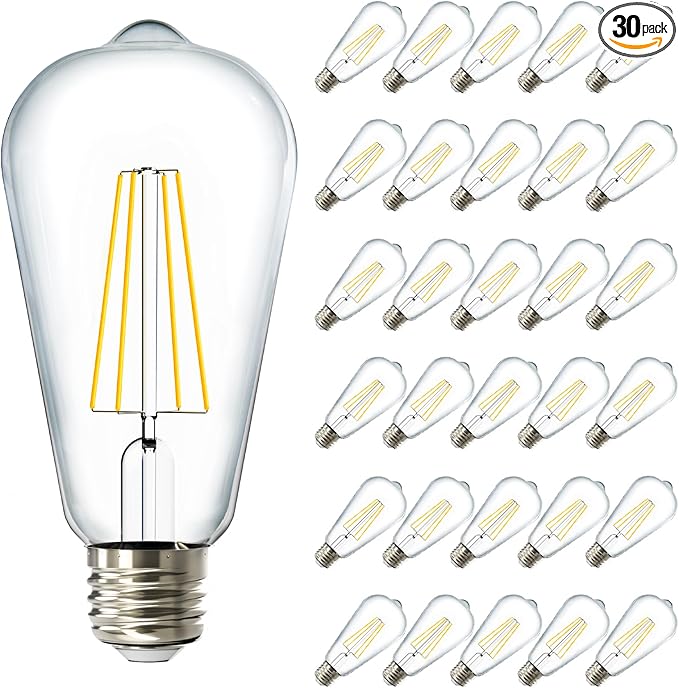 Sunco 30 Pack Edison Bulbs LED ST64, Clear Vintage Filament Waterproof Bulb, 800 LM, 8W (60W Equivalent), ST19, 3000K Warm White, E26 Medium Base, Decorative Dimmable UL