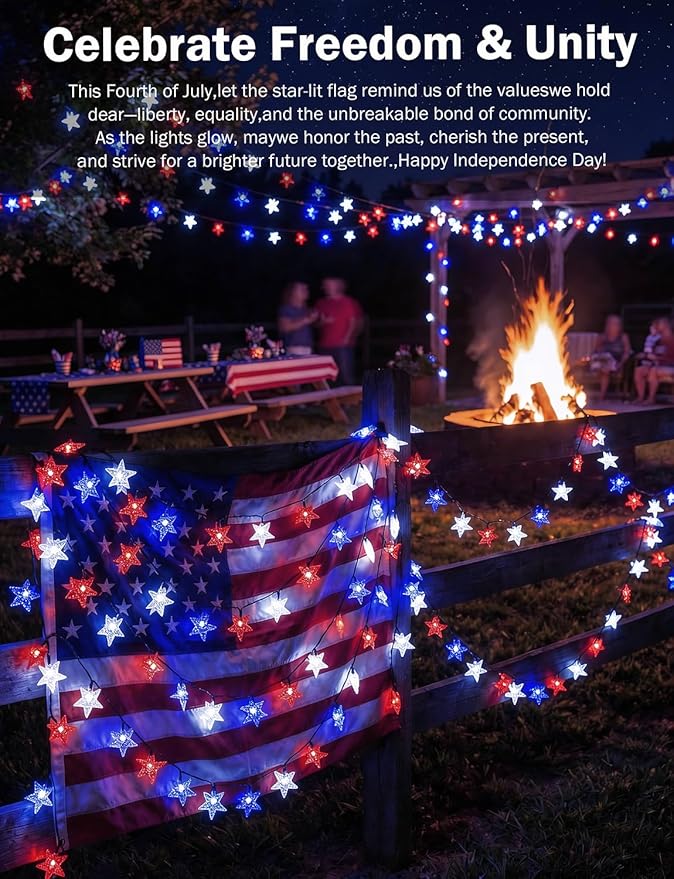Solar String Lights Red White Blue Star LED Solar Powered Lights Waterproof Outdoor Lights for 4th of July Decorations Patio Garden Yard Memorial Day Independence Day Christmas Party with 8 Modes