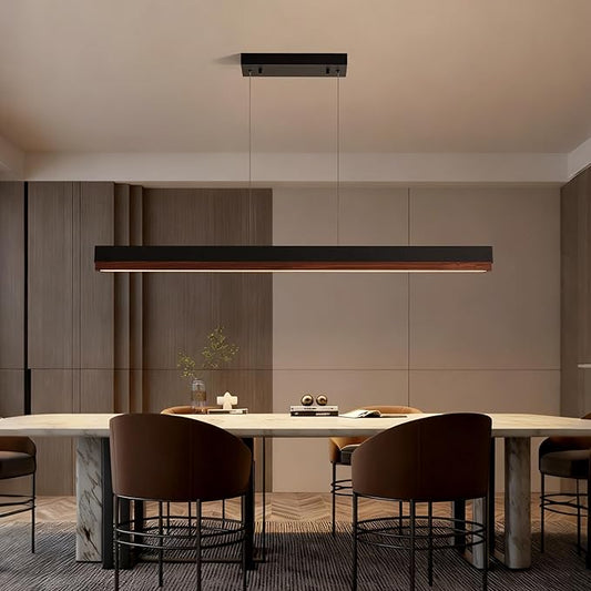 59" Wood Linear Pendant Light, Modern 24W LED Dimmable Linear Chandelier, Farmhouse Pendant Light with Remote, Wood Hanging Chandelier for Dining Room, Kitchen Island, Bar, Office-Walnut