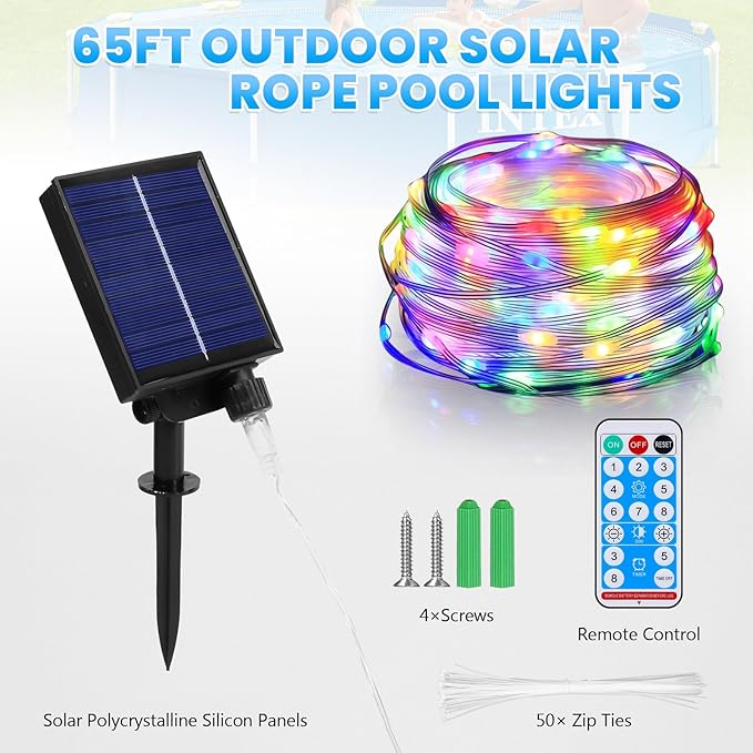 65ft Solar Pool Lights for Above Ground Pools, 180 LEDs Remote IP65 Waterproof Rope String Lights, 8 Color Modes, Swimming Frame Pool Decor Accessories for Outdoor Outside Trampoline Camping