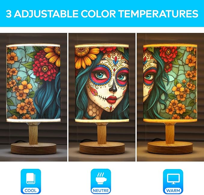 Sugar Skull Girl Table Lamp LED 3-Color Pressed Bedside, Sugar Skull Girl Shade Lamp with Wood Base for Bedroom Living Room Desk Office TL01