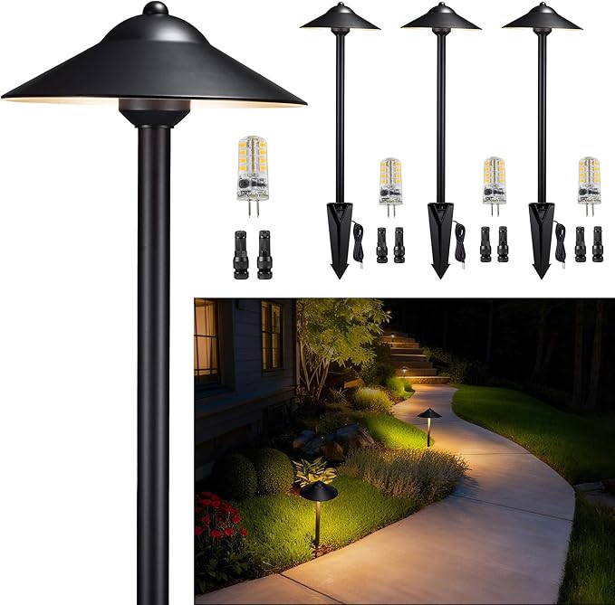Gardenreet Solid Brass Landscape Path Lights (9" Shade, 23.5" Tall) - Low Voltage Pathway Light Wired, 12v IP65 Outdoor Area Lighting, LED Black for Garden Yard Driveway with 3W 5000K G4 Bulb (4 Pack)