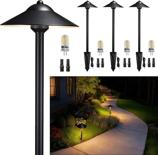 Gardenreet Solid Brass Landscape Path Lights (9" Shade, 23.5" Tall) - Low Voltage Pathway Light Wired, 12v IP65 Outdoor Area Lighting, LED Black for Garden Yard Driveway with 3W 5000K G4 Bulb (4 Pack)