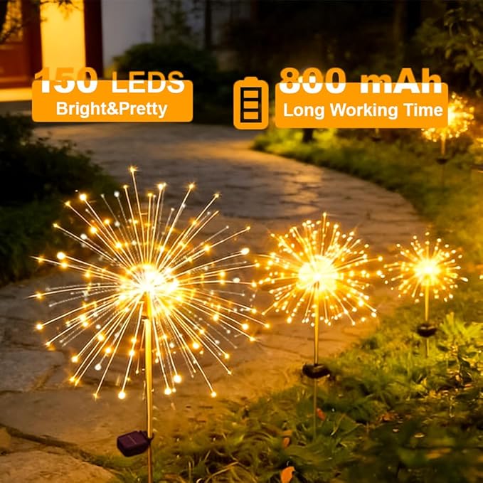 Solar Fireworks Lights for Outside, 150LED 8 Modes Fireworks Solar Lights Outdoor, Fairy Garden Flowers for Yard Pathway Wedding Party Christmas Diwali Garden Decor 2Pack (Warm White)