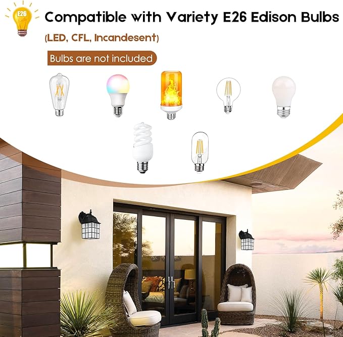 Brightever 2-Pack Dusk to Dawn Outdoor Wall Lantern, Exterior Light Fixtures with Photocell Sensor, Black Wall Light Waterproof, Waterfall Glass Outside Wall Sconce for Porch House Garage