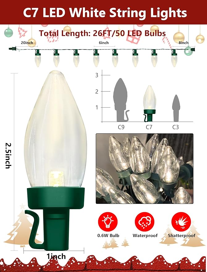 C7 LED Christmas Lights Outdoor, 26FT Outdoor String Lights Plug in with 50 C7 Warm White Bulbs, Vintage Christmas Lights Waterproof for Indoor Holiday Patio Roofline Xmas Tree Party Decorations