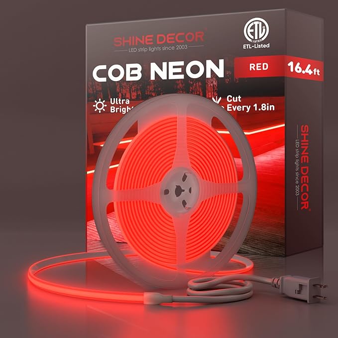 Shine Decor COB LED Rope Light AC 120V, 800lm Ultra Bright, IP65 Waterproof Cold-Resistant ETL Neon Strip, No Driver Tape Lighting for Home Commercial 10x4.5mm, Red, 16.4ft