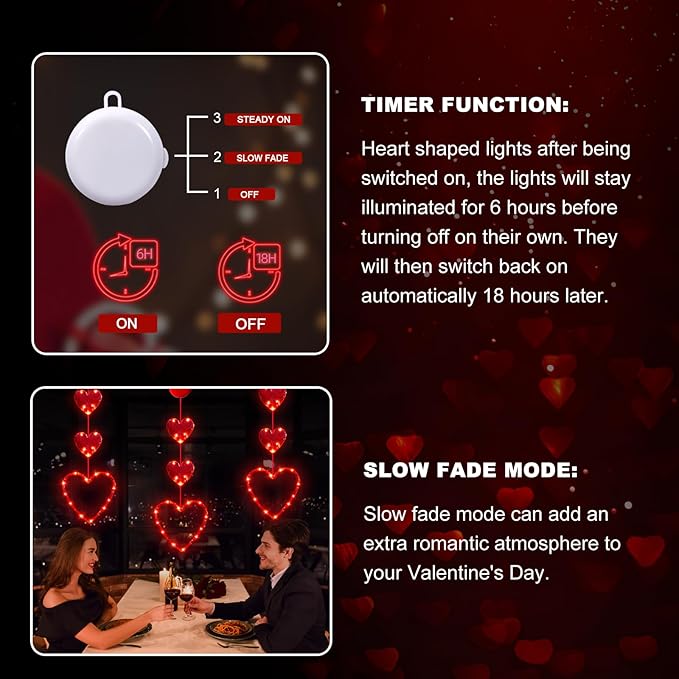 3 Pack Valentines Day Window Lights Decorations with Timer, Battery Powered Hanging Red Lighted Heart Shaped Silhouette Sucker LED Lamp for Fireplace Indoor Home Decor