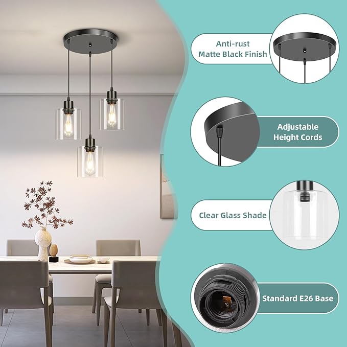 CANMEIJIA 3-Light Pendant Light Fixtures Black Glass Pendant Lights Kitchen Island, Industrial Hanging Pendant Lighting for Dining Room Bedroom, Modern Ceiling Lamp E26 Base, Bulbs Not Included