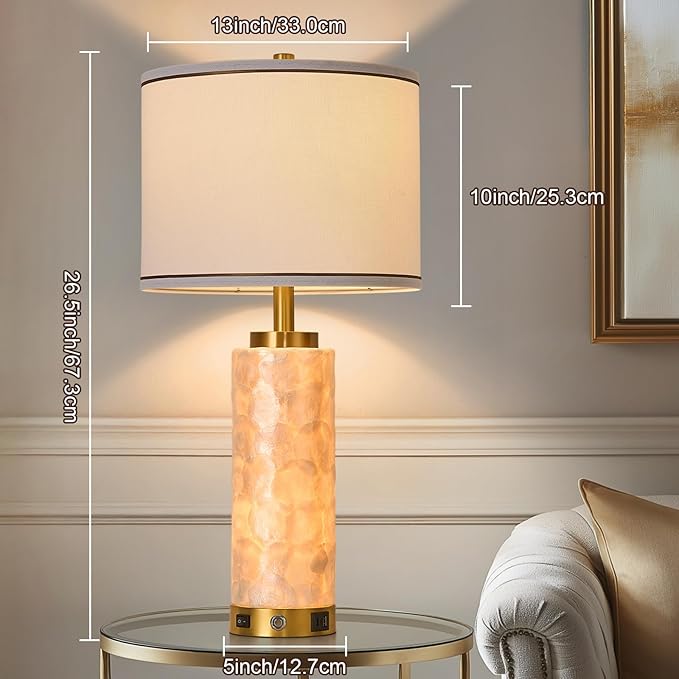 AIDENOEY 26" Modern Art Glass Table & Bedside Lamp, Stepless Dimmable Base + Dimmable 3-Color Light, USB A/C Charging Ports, Touch Control & Switch for Bedroom, Living Room, Office, Study