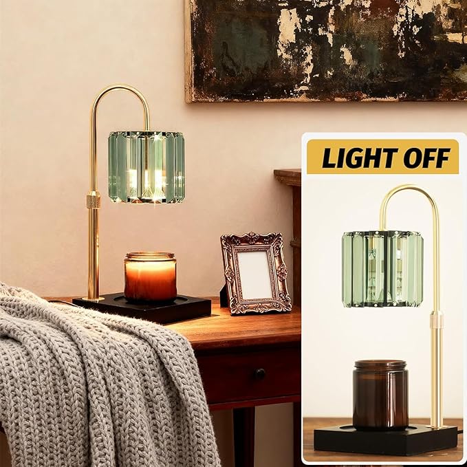 Candle Warmer Lamp Green with Timer, Dimmable Electric Candle Wamer Adjustable Height, Gifts for Women Mom, Glass Modern Candles Melter Lamp