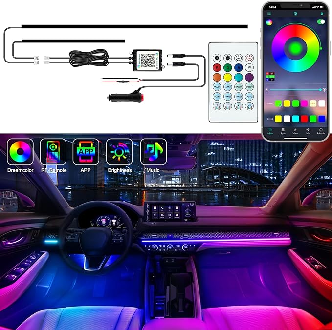 Interior Car LED Strip Lights, Acrylic LED Lights for Car with Dynamic Dreamcolor Chasing, Ambient Lighting Kits Music Sync Wireless APP and RF Remote Control (43.5+14.5'')