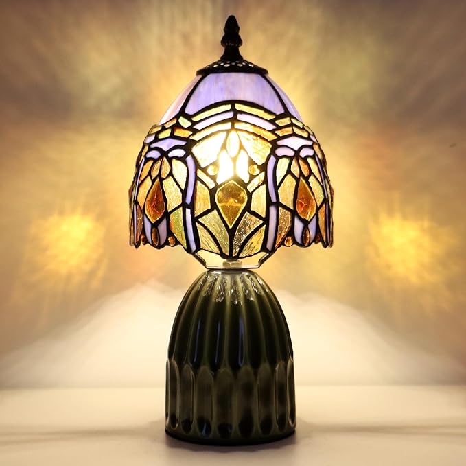Tiffany Lamp Stained Glass Mushroom Table Lamps 6X6X12.5 Inch Purple Jewelry Baroque Style Small Night Light Ceramic Base Mini Accent Desk Light Suitable for Bedside Table Bedroom Children Room