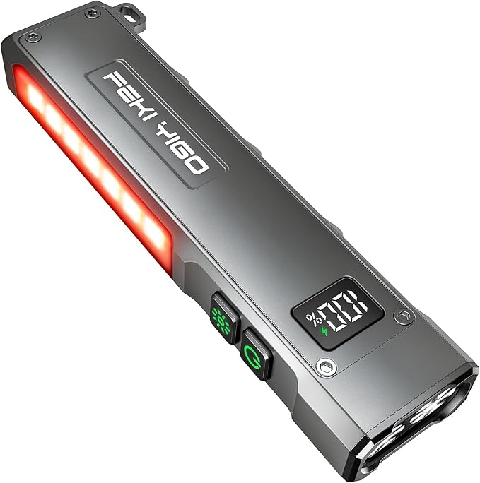 Feki Yigo Flat EDC Flashlight Rechargeable - 1800 Lumens LED Pocket Flashlight with 365nm UV Light, RGB Modes, Magnetic Base, Digital Display,IPX4 Waterproof for Camping, Emergency, Mechanics (Grey)