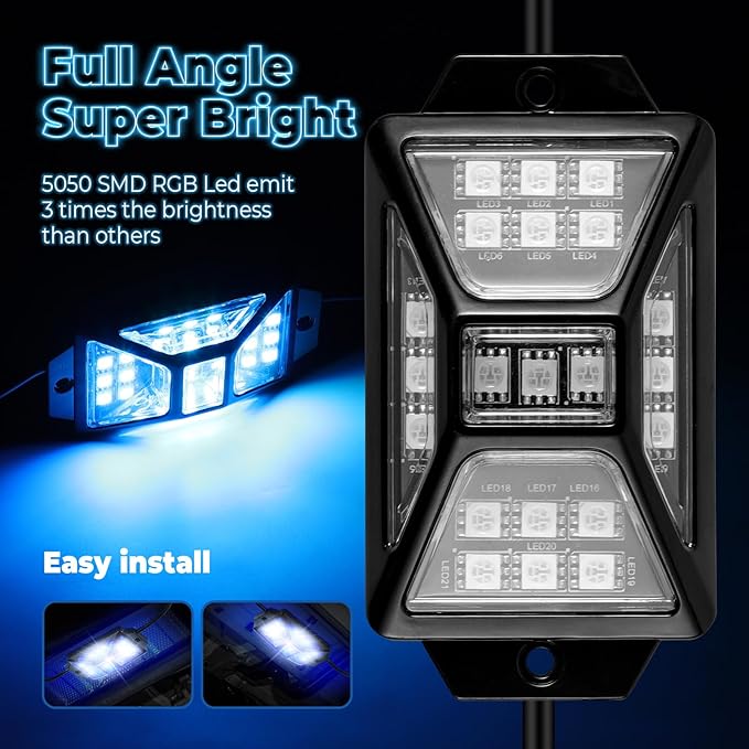 16 Pods Full Angle RGB Rock Lights, App/Remote Control Chasing Led Rock Lights with Music Mode Waterproof Multi-Color, Compatible with 12V Trucks Jeep UTV SUV ATV Off Road Golf Cart